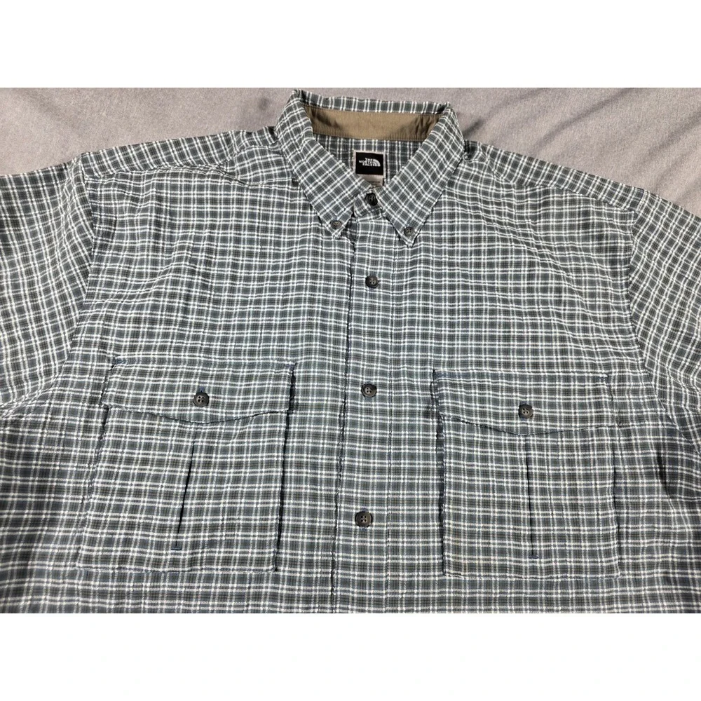 The North Face Seersucker Shirt Mens Large Bluish Green Plaid Short‎ Sleeve